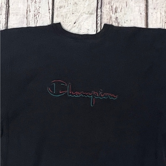 Vintage 80s Champion Reverse Weave Black Stitched Pullover Crop Top Sweatshirt - Picture 3 of 6